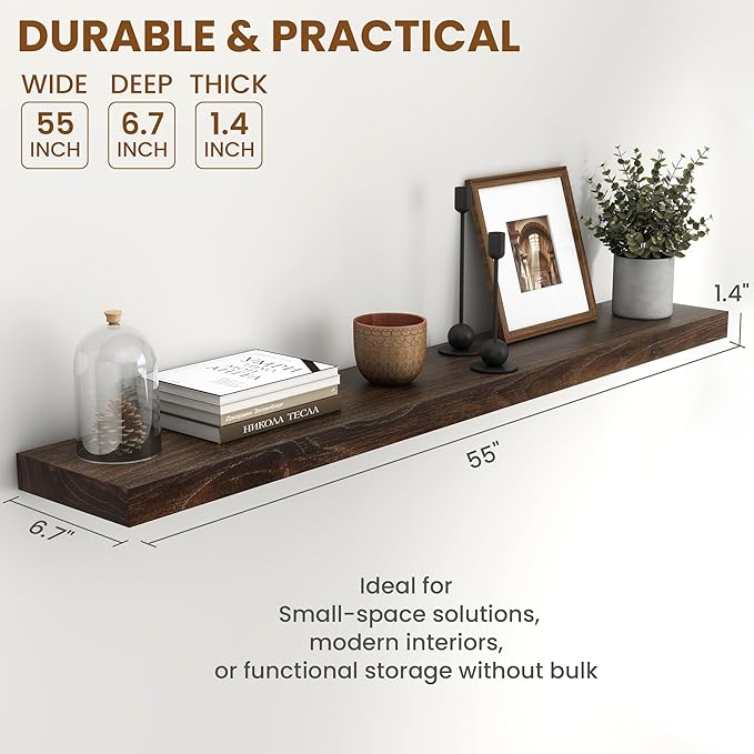 55" Floating Shelves for Wall, Rustic Elm Wood Floating Shelf for Home Decor, Wall-Mounted Display Shelves with Heavy-Duty Bracket, Long Floating Shelf for Bathroom, Kitchen, Living Room, Walnut Color