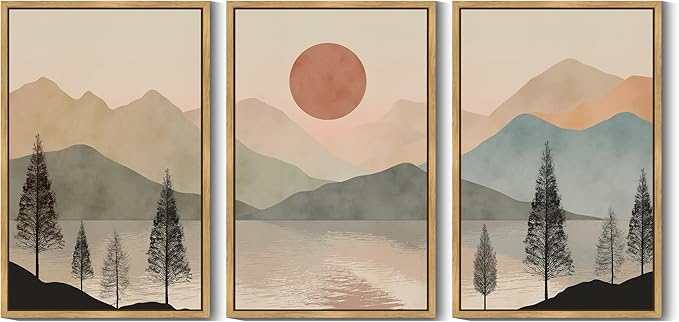 KUVIOKE Vintage Landscape Framed Wall Art Mountain Range Wall Decor Ink Wash Watercolor Nature Laker Sun Rises Prints Bedroom Living Dining Room Ready to Hang 24x36in (Natural Framed)