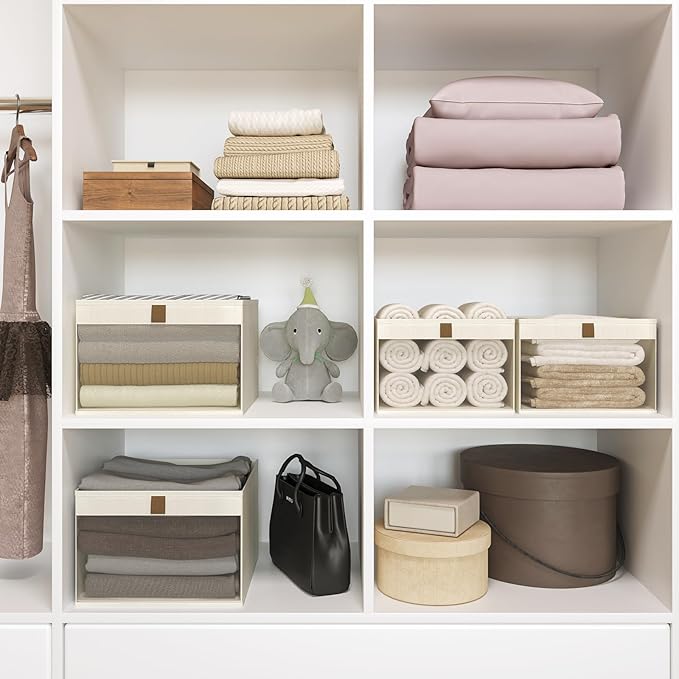 Linen Closet Organizers and Storage, Closet Storage Bins Basket Organizer, Foldable Organization Baskets with Mesh Window for Clothes Towels and Toys, 14.5" x 14.5" x 10.25", Beige, 2 pack