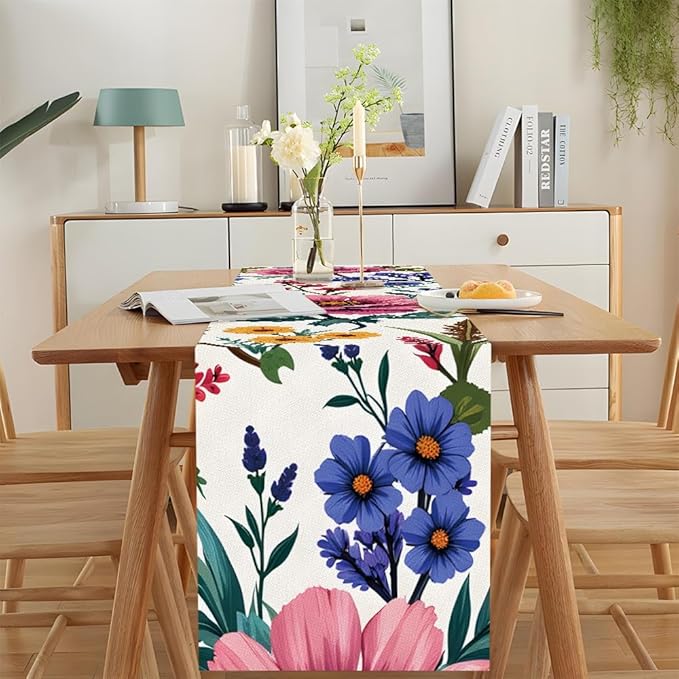 ANNA QUEEN Flowers Table Runner 13 x 72 Inch for Dining Table, Table Runner for Fall Dining Decor Indoor Outdoor Party Home Table Decoration