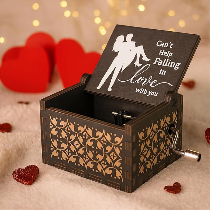 Can't Help Falling in lo Wood Hand Crank Music Box Cute Black mini Musical Anniversary Wedding Valentine's Day Gift for her him Love One Lover, Boyfriend, Girlfriend, Husband, Wife,Women