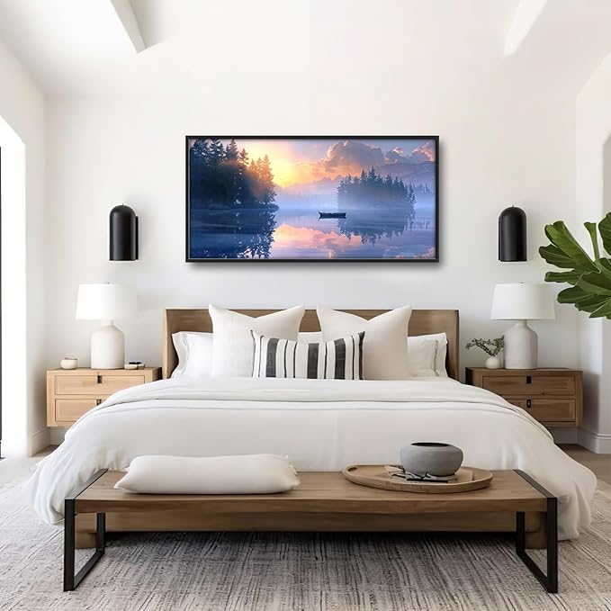 Framed Large Wall Art for Living Room, Lake Forest Canvas Wall Decor, Purple Tree Pictures Painting, Natural Landscape Artwork for Living Room Bedroom Office 60L'' × 30W''