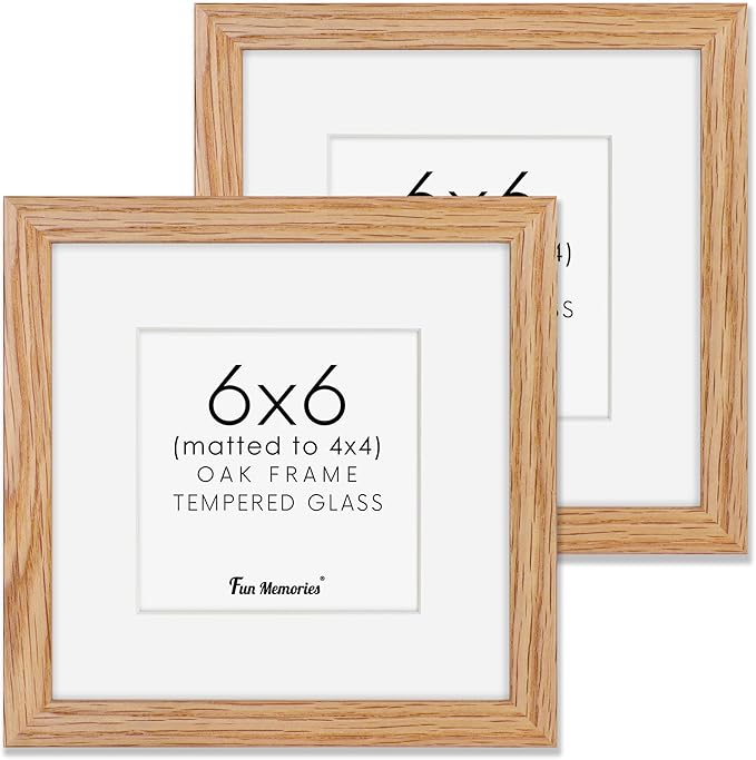 Fun Memories 6x6 Picture Frames, Solid White Oak Wood Frame With Stand for Wall & Tabletop Display, Rustic Wooden Photo 6 by 6 With Real Glass, Matted to 4x4, Natural Color, Set of 2