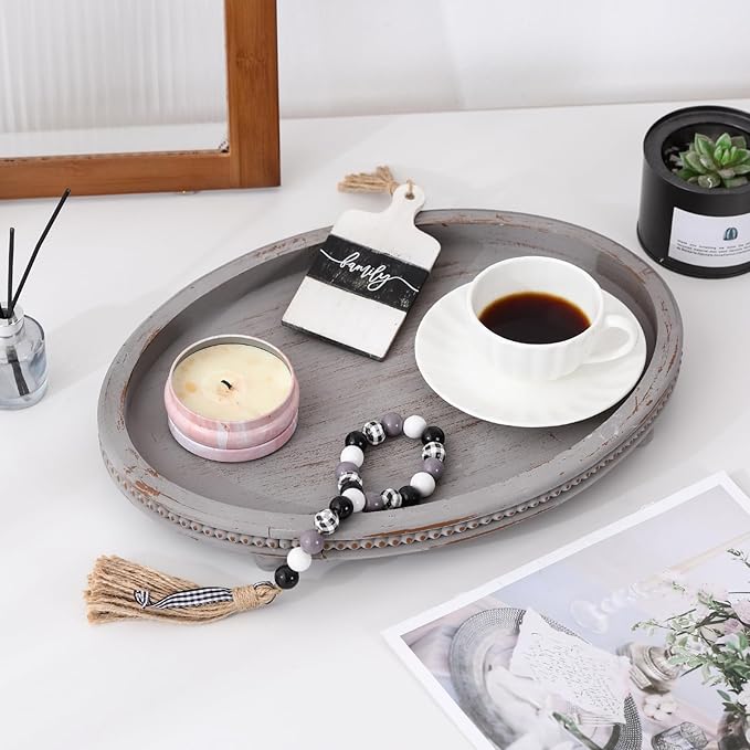 Oval Wooden Tray, Decorative Trays for Home Decor Coffee Table Kitchen Dinning Table, Small Wood Beaded Tray for Decor Grey
