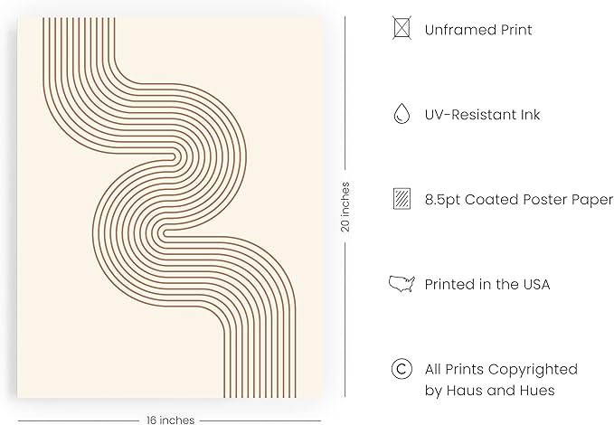 HAUS AND HUES Line Art Mid Century Modern Wall Decor - Boho Prints Wall Art Abstract Geometric Wall Decor Line Art Prints Modern Boho Art Snaking River from Top Left (Unframed, 16x20)