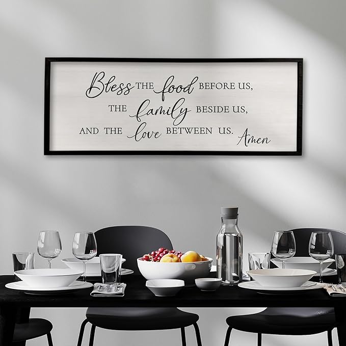 Surfapans Bless the Food Before Us Wall Decor, 40"X15" Farmhouse Dining Room Family Kitchen Sign, Christian Bible Verse Scripture Vintage Home Framed Wood Wall Art (Black)