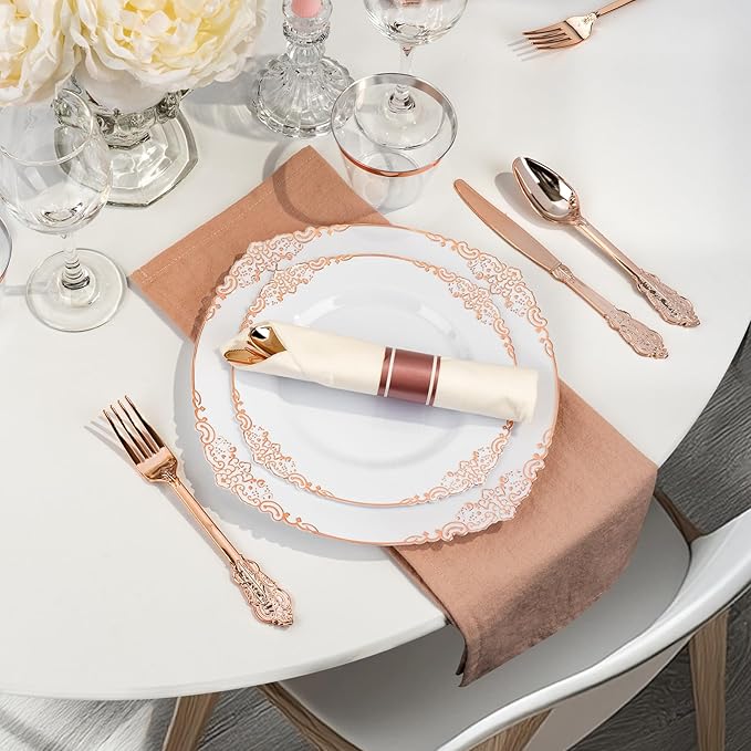 175PCS Rose Gold Plastic Plates for 25 Guests, Disposable Dinnerware Sets Include 50 Rose Gold Rim Plastic Plates, 25 Silverwares and 25 Cups, 25 Pre Rolled Napkins for Party, Graduation