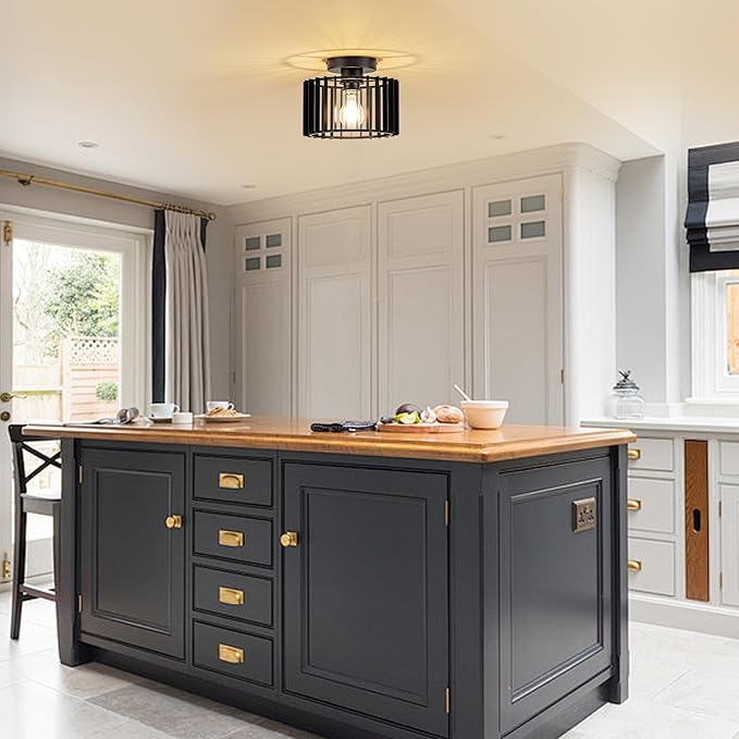 Ceiling Light Fixture Industrial Black Iron Cage Flush Mount, 9 - inch Diameter, Hallway Light Fixtures Modern Ceiling Lights for hallways Eentryway Bathroom Bedroom Kitchen