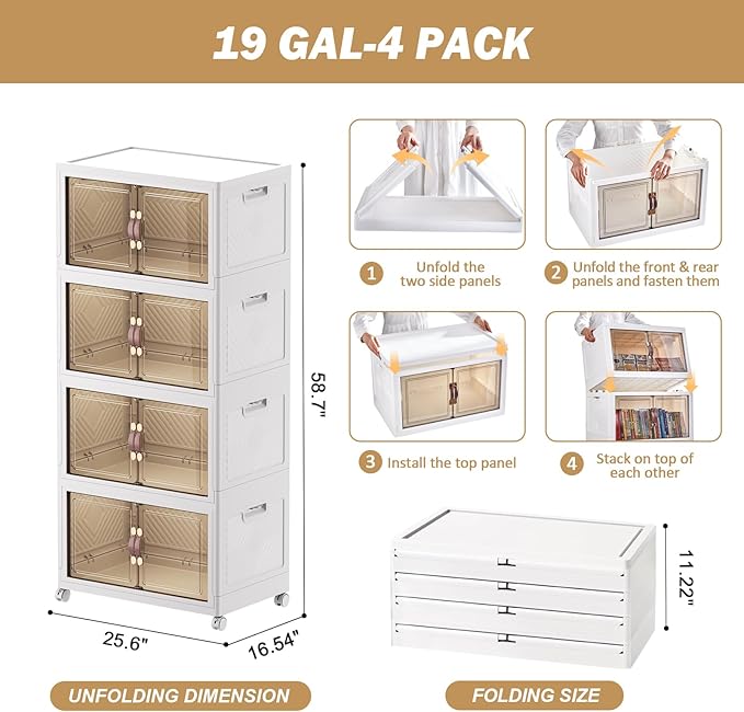 76 Gal Stackable Storage Bins with Lids and Double Doors Plastic 4 Tier Storage Box Collapsible Organizer with Wheels Large Folding Storage Containers for Home Organization 4 Pack 19gal x 4