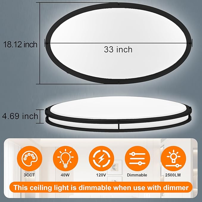 33 Inch Oval Black Ceiling Light Fixture for Living Room - 33” Black LED Flush Mount Ceiling Lamp 3000K/4000K/5000K LED Kitchen Bathroom Light 40W 2500LM