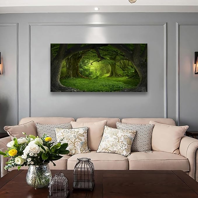Tree of Life Wall Art Canvas Prints Natural Landscape Pictures Home Decor Green Forest Paintings for Living Room Bathroom Bedroom Kitchen Office Decorations 24x48 Wooden Framed Artwork Easy Hanging