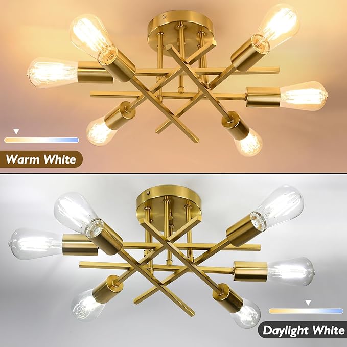 TOBUSA 6-Light Gold Semi Flush Mount Ceiling Light Fixture, Modern Industrial Brushed Golden Sputnik Ceiling Light, E26 Close to Ceiling Light for Kitchen Bedroom Dining Room Living Room Hallway