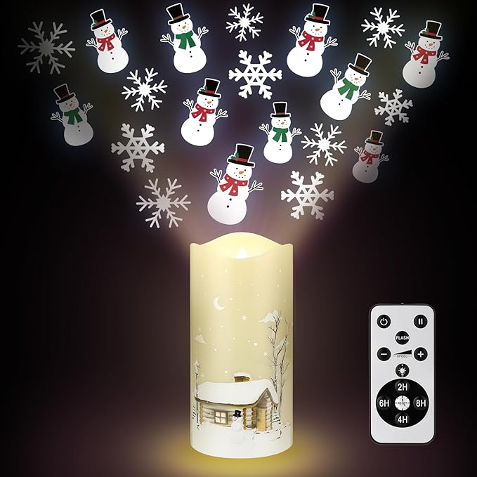 Christmas Flameless Candle Snowflake Snowman Projector Light Colorful LED Candle Battery Operated Night Light with Remote and Timer Indoor Bedroom Home Decor for Christmas Party Gift Decor