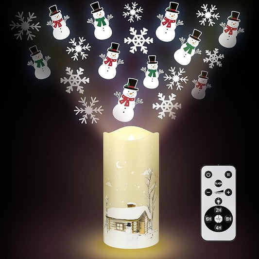Christmas Flameless Candle Snowflake Snowman Projector Light Colorful LED Candle Battery Operated Night Light with Remote and Timer Indoor Bedroom Home Decor for Christmas Party Gift Decor