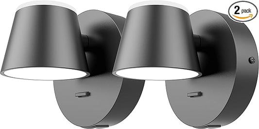 URSOLA Wall Light Set of Two, LED Wall Sconce with On/Off Switch USB Charging Port 110 Volt Hardwired Wall Lamp 350 Rotatable Up Down Sconces Wall Lighting (Black)