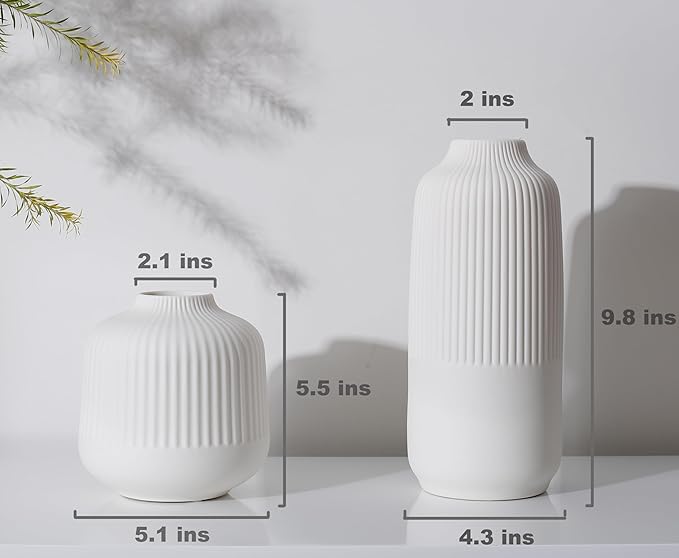 Matte White Vases Home Decor Stripe Centerpieces Modern Boho Ceramic Set of 2 for Flowers Pampas Grass Table Mantle Kitchen Porcelain