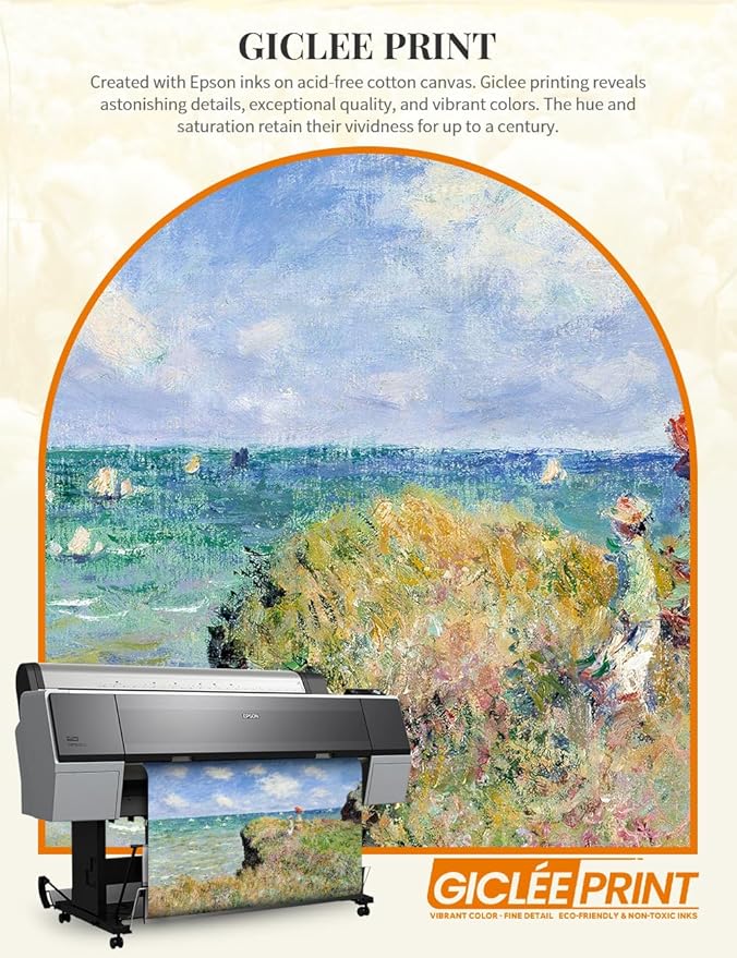 DECORARTS - Claude Monet The Cliff Walk at Pourville, Large Framed Wall Art, Canvas Size 35x28, Outer Dimensions Larger With Customizable Solid Wood Frames, Giclee Canvas Print, Made in USA