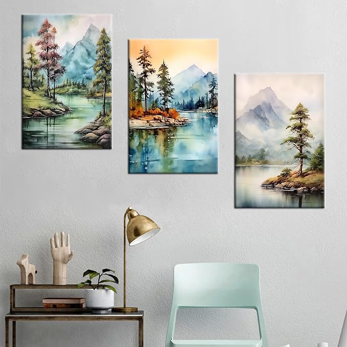 Forest Canvas Wall Art Home Decor 3 Piece Wooden Framed Landscape Watercolor Mountain Green Trees Painting Poster HD Picture Print Artwork for Bedroom Living Room Hotel Ready to Hang [48''Wx24''H]
