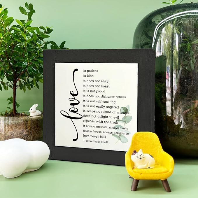 Bible Verse Corinthians 13:4-8 Box Sign, Love Never Fails, Wooden Plaque Gift Tabletop, Rustic Love Sign, Wood Block Plaque for Anniversary, Religious Home Decor, Couple Wedding Gift D1