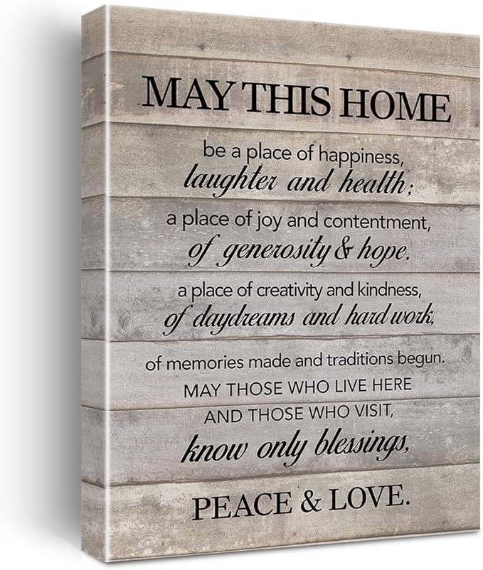 New Home Wall Art May This Home Be a Place of Happiness Canvas Print Inspirational Quote Framed Painting for Wall & Tabletop Decor Housewarming Gift