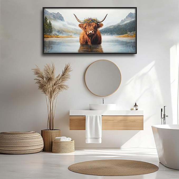 Framed Large Wall Art for Living Room, Highland Cow Canvas Wall Decor, Large Mountain Animal Pictures Framed Painting, Natural Landscape Artwork for Bedroom Office Home Decor 60L'' × 30W''