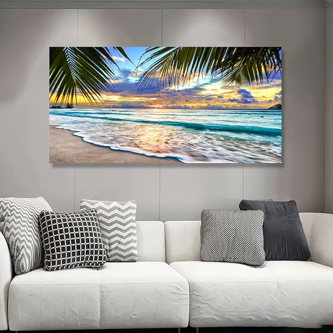 Beach Pictures Canvas Wall Art for Living room Bedroom Wall Decor,Sunset and Beautiful clouds Wall Art Print Paitnings for home Decor,Morden Artwork Waves Canvas Art Waterproof Stretched Ready to