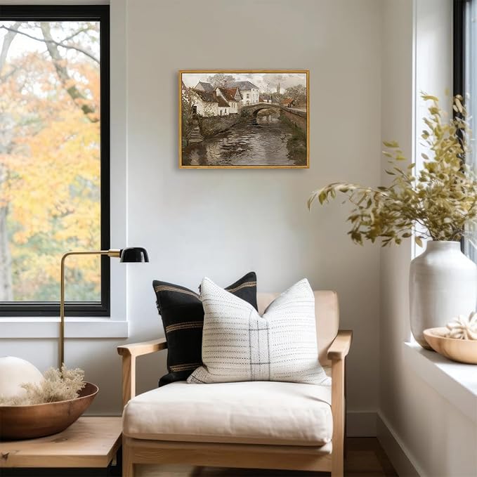 KBKBART Vintage Wall Art, Retro European Village Country Framed Canvas Art Prints Painting Farmhouse Decor, Rustic Impressionism Scenic Landscape Wall Decor for Bathroom, Bedroom Living Room, Vintage Wall Decor(12"x16")