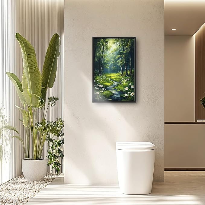 Green Forest Wall Art for Living Room, Large Tree Vertical Canvas Wall Decor, Daisy Flowers Pictures Framed Painting, Landscape Artwork for Bedroom Office Home Decor 36L'' × 24W''