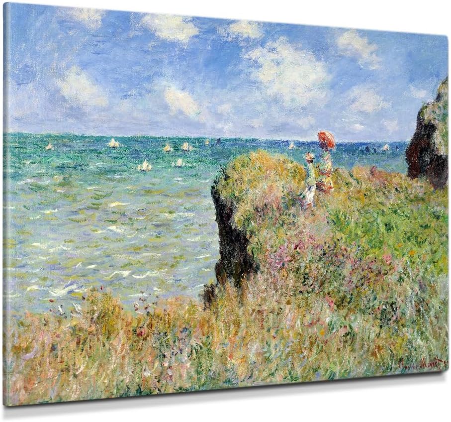 DECORARTS - The Cliff Walk at Pourville by Claude Monet, Museum-Quality Giclee Canvas Print, Wall Art Reproduction, 40" W x 30" H, Made in USA