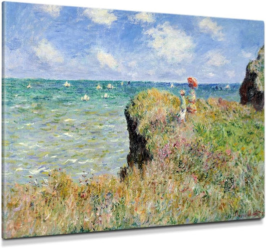 DECORARTS - The Cliff Walk at Pourville by Claude Monet, Museum-Quality Giclee Canvas Print, Wall Art Reproduction, 40" W x 30" H, Made in USA