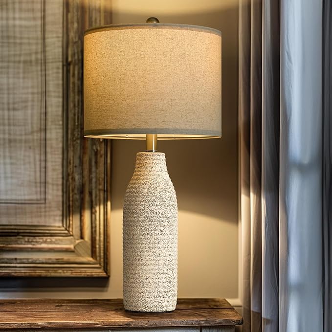 PORTRES 25" Ceramic Table Lamp for Bedroom Bedside Lamps for Night Stands Modern Lamps for Living Room with Rotary Switch Gray and White（1Pack）