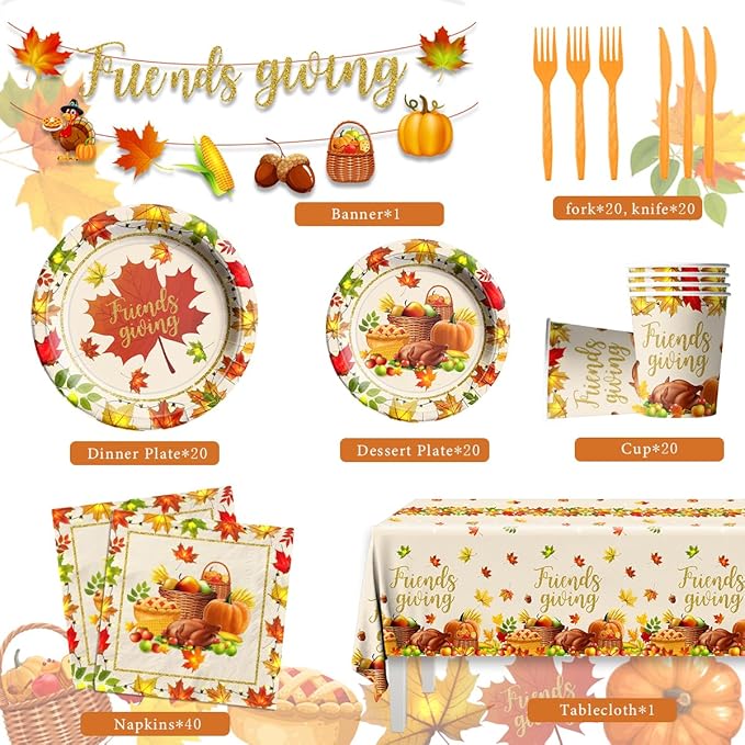 Friends Giving Party Decorations,142Pcs Fall Tableware Includes Paper Plates,Tablecloth,Cups Autumn Pumpkin Maple Turkey Theme Decorations for Friends Giving Holiday,Fall Decoration