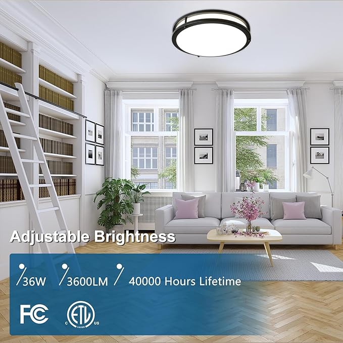 OOWOLF 2-Pack 36W 13inch LED Flush Mount Ceiling Light Fixture Dimmable Matte Black, Easy to Install LED Ceiling Lamp Fixture Without Flicker, Super Bright 3600LM 5000K Daylight White