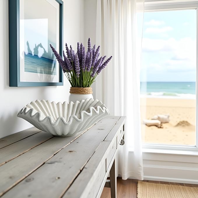 Large Decorative Bowl decor, Scalloped Pedestal Bowls for Modern Home Decor,Ruffle Decor,Stylish Key Bowl for Entry Table,Decorative Fruit Bowl for Kitchen Counter, Light Gray