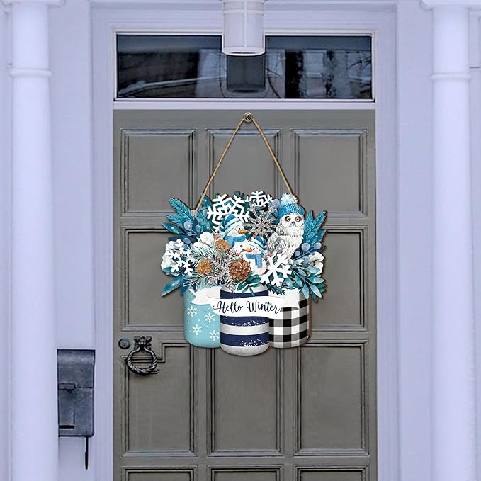 Spiareal Winter Welcome Sign Wood Blue White Silver Front Door Decor Winter Hanging Sign Outdoor Wooden Wreath Decorations for Farmhouse Porch Front Door Decor (Blue White Silver Style)