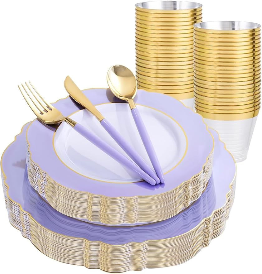 WDF 150Pcs Purple Plates Disposable - Baroque Lavender Purple and Gold Plates - 25Guest Plastic Dinnerware Ideal for Party/Spring/Picnic