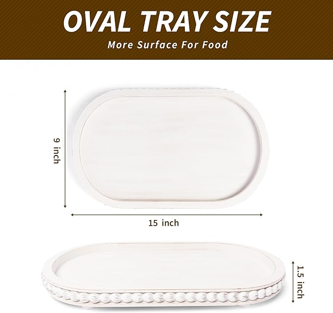 HPC Decor 15in Oval Wooden Tray - White Beaded Serving Tray, Rustic Farmhouse Vintage Centerpiece, Kitchen & Living Room Decor