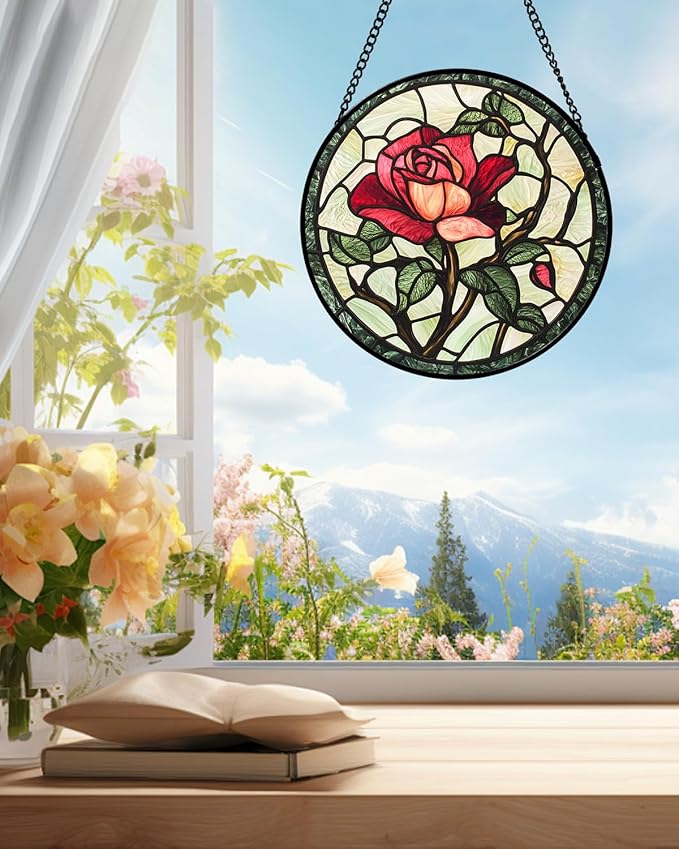 Stained Glass Window Hanging, Red Rose Flowers Sun Catcher for Door Garden Home Decor Suncatcher Christmas Mother's Day Birthday Gifts for Women Lovers Men Wife Girlfriend Mom Nana 6.3 in
