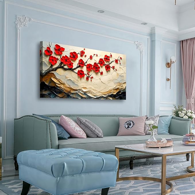 Tree of Life Pictures Canvas Wall Art for Living room Office Bedroom Red Flower Tree Wall Decor,Yellow Abstract Wall Art Print Paintings Modern Plum Blossom Mountain Artwork Ready to Hang-20x40inch