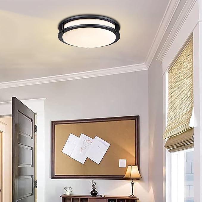 16 Inch Black Flush Mount Ceiling Light Fixture for Bedroom Bathroom, Matt Black LED Ceiling Light 3000K/4000K/5000K Dimmable Flush Mount LED Hallway Fixture, 16in, 25W