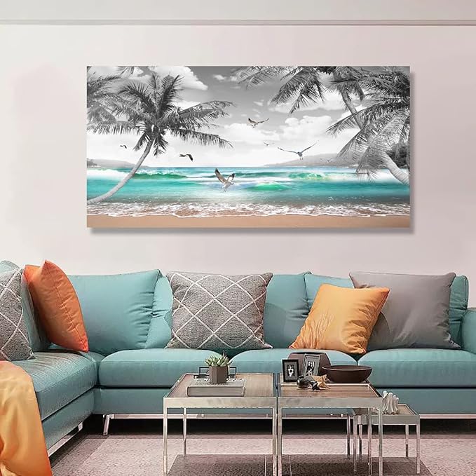 Beach Palm Pictures Canvas Wall Art For Living Room Bedroom Wall Decor,Sea Wave Wall Art Print Paitnings For Home Decor,Morden Artwork Coconut Tree Canvas Art Ready To Hang-24X48 Inches