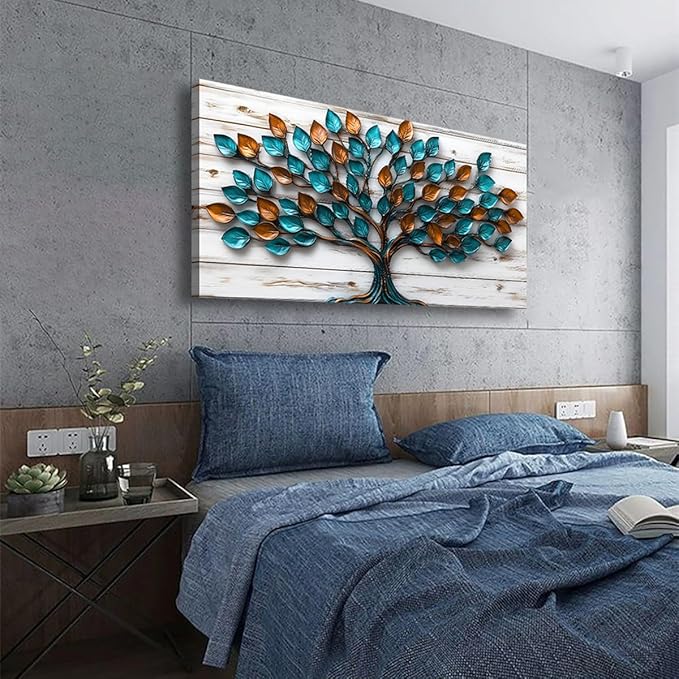 Tree of Life Teal Gold Tree Leaves Pictures Canvas Wall Art for Living Room Office Bedroom Abstract Wall DecorArt Print Paintings Modern Metal Tree Wood Plank Artwork Waterproof to Hang-20x40inch
