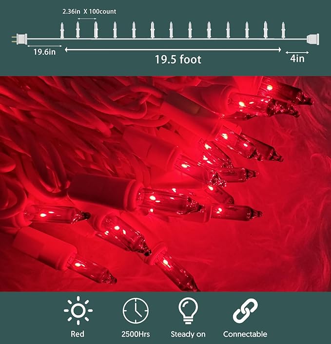 Christmas Lights 100 Count Red Christmas Tree String Lights with White Wire for Outdoor Indoor Christmas Decorations Wedding Decorations Valentines Day Decor,UL Certified (21feet)
