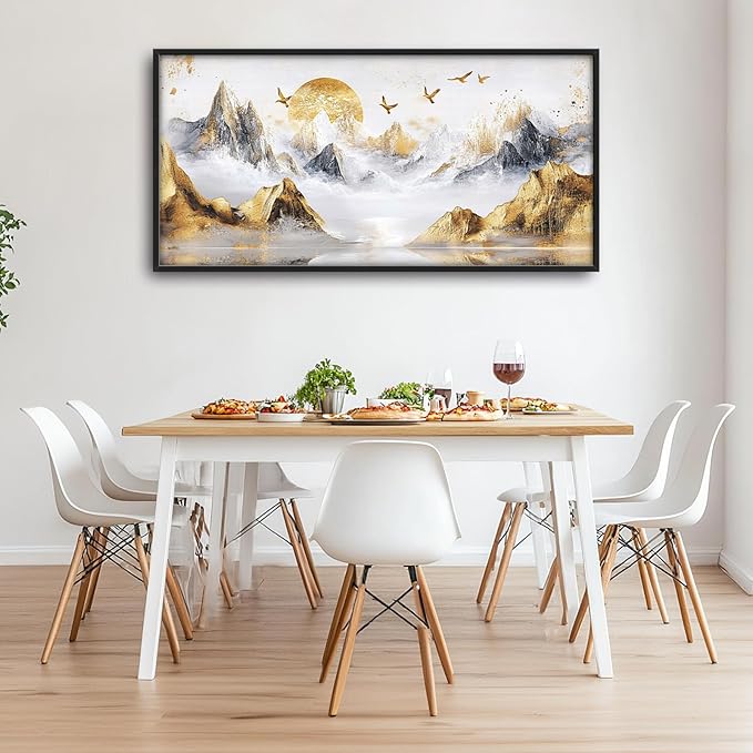 Extra Large Framed Abstract Mountain Wall Art,Golden Silver Sun Bird Wall Decor,Mountain Landscape Pictures for Living Room,Canvas Print Painting Modern Artwork Bedroom Office Bathroom 60L x30W