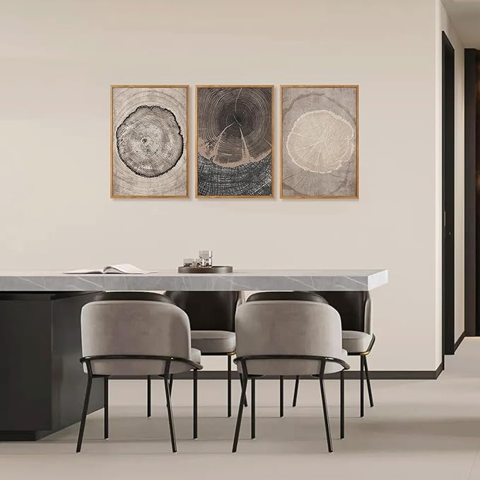 CHDITB Beige Tree Ring Framed Canvas Wall Art Set, Modern Wood Stump Wall Decor, Abstract Black and White Wall Painting, Neutral Nature Art Print for Living Room, Bedroom, Office - 16"x24"x3