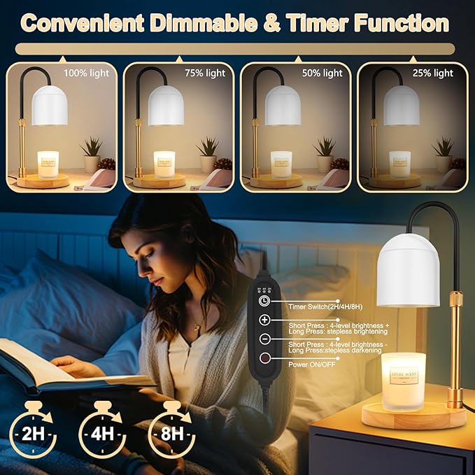 Candle Warmer Lamp with Timer & Dimmer, Adjustable Height Electric Candle Warmer with 3 Bulbs,Compatible with All Size Scented Candles, Wax Melt Warmer for Bedroom,Home Decor House Warming Gifts