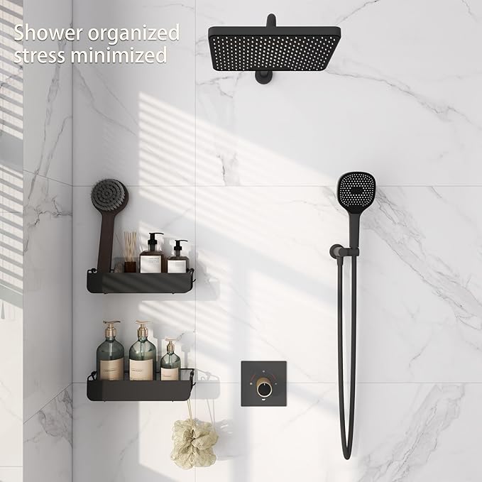 Epock Adhesive Shower Caddy, No Drill Shower Shelves 2 Pack 4 Hooks Rust-Proof Metal Bathroom Organizer shower rack with for Bathroom, Kitchen, RV Storage, Matt Black