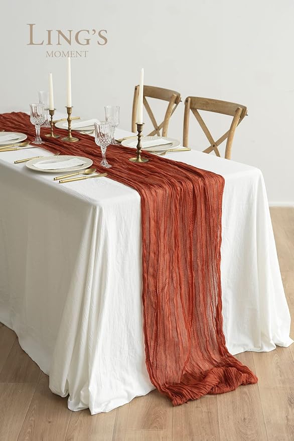 Ling's Moment 10Ft Terracotta Cheesecloth Table Runner Burnt Orange Gauze Semi-Sheer Tablecloth for Wedding Party Bridal Shower Boho Table Decor Rust Thanksgiving Day Fall