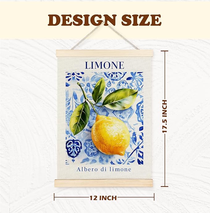 Yomisex Italian Amalfi Coast Lemon Wall Art Poster, Lemon Kitchen Decor, Blue and White Mediterranean Tiles Limone Fruit Wall Art Framed for Kitchen Dining Room Home Decor, 12x16 Inch