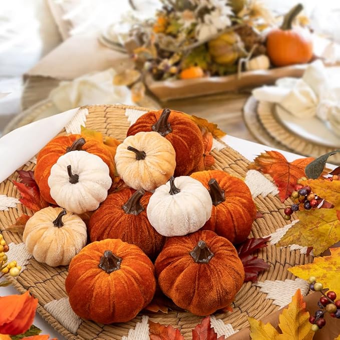 Briful Fall Pumpkins Decoration for Home, 10PCS Assorted Velvet Pumpkins Small Fake Pumpkins for Autumn Harvest Thanksgiving Halloween Party Table Centerpiece Decoration(Beign/Brown/Orange)